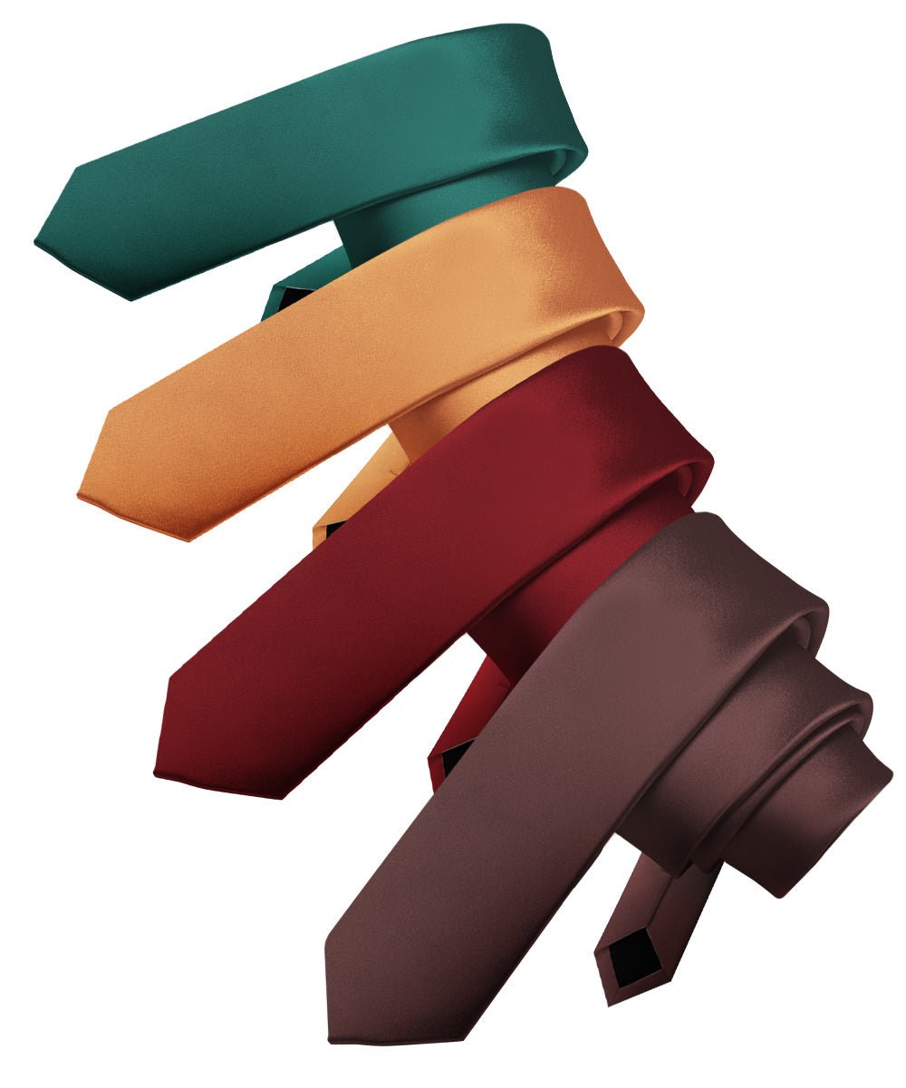 Vittorio Farina Men's Satin Skinny Necktie (Multipack) - Suits You Sir - Brown/Burgundy/Burnt Orange/Hunter Green - 