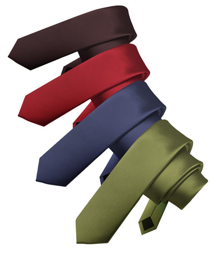 Vittorio Farina Men's Satin Skinny Necktie (Multipack) - Suits You Sir - Brown/Burgundy/Navy Blue/Olive Green - 