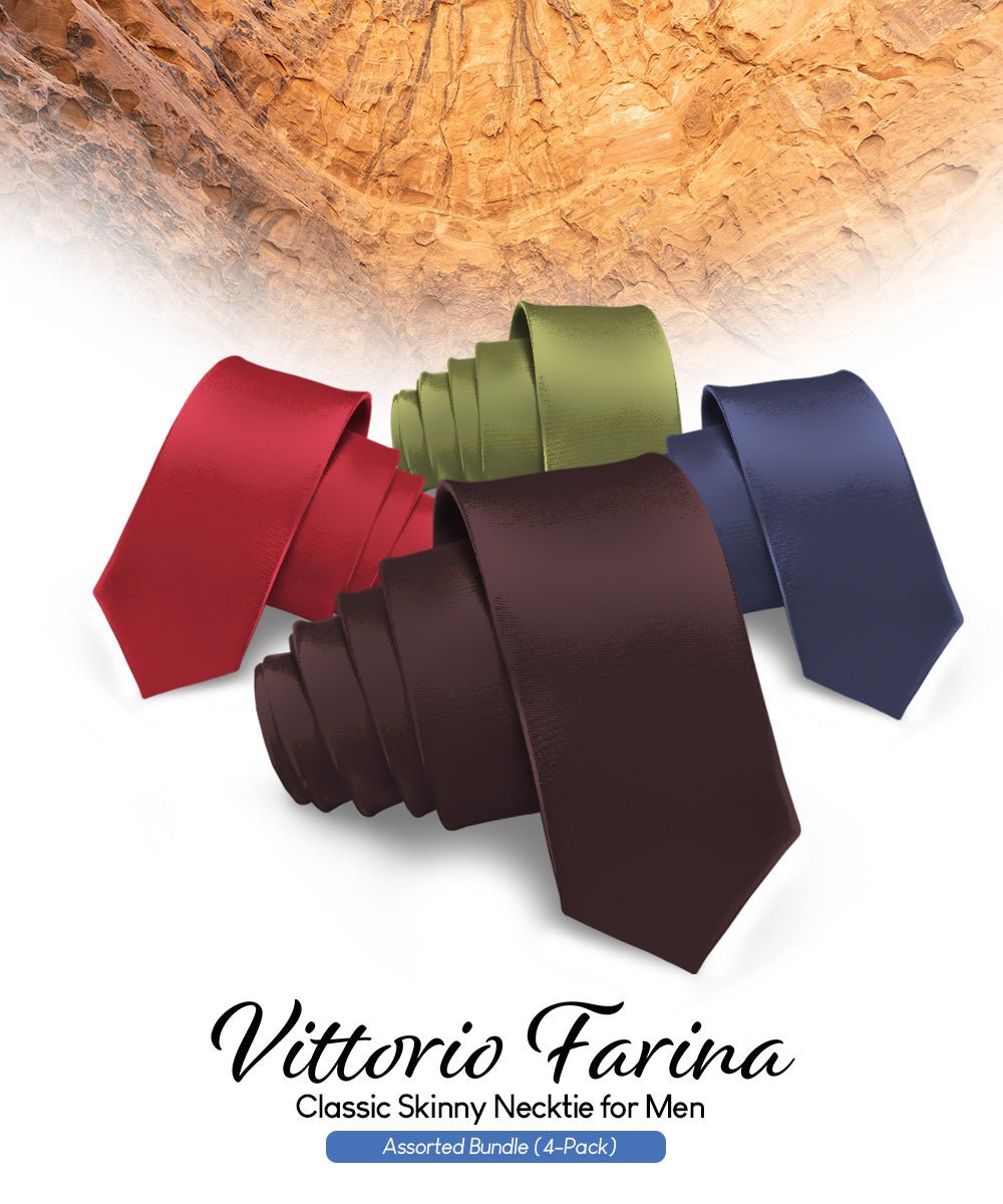 Vittorio Farina Men's Satin Skinny Necktie (Multipack) - Suits You Sir - Brown/Burgundy/Navy Blue/Olive Green - 