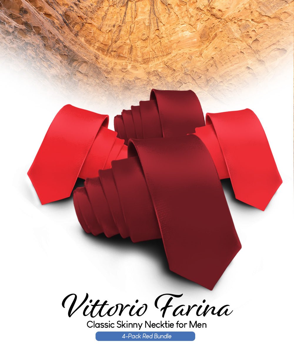 Vittorio Farina Men's Satin Skinny Necktie (Multipack) - Suits You Sir - Burgundy/Burgundy/Red/Red - 