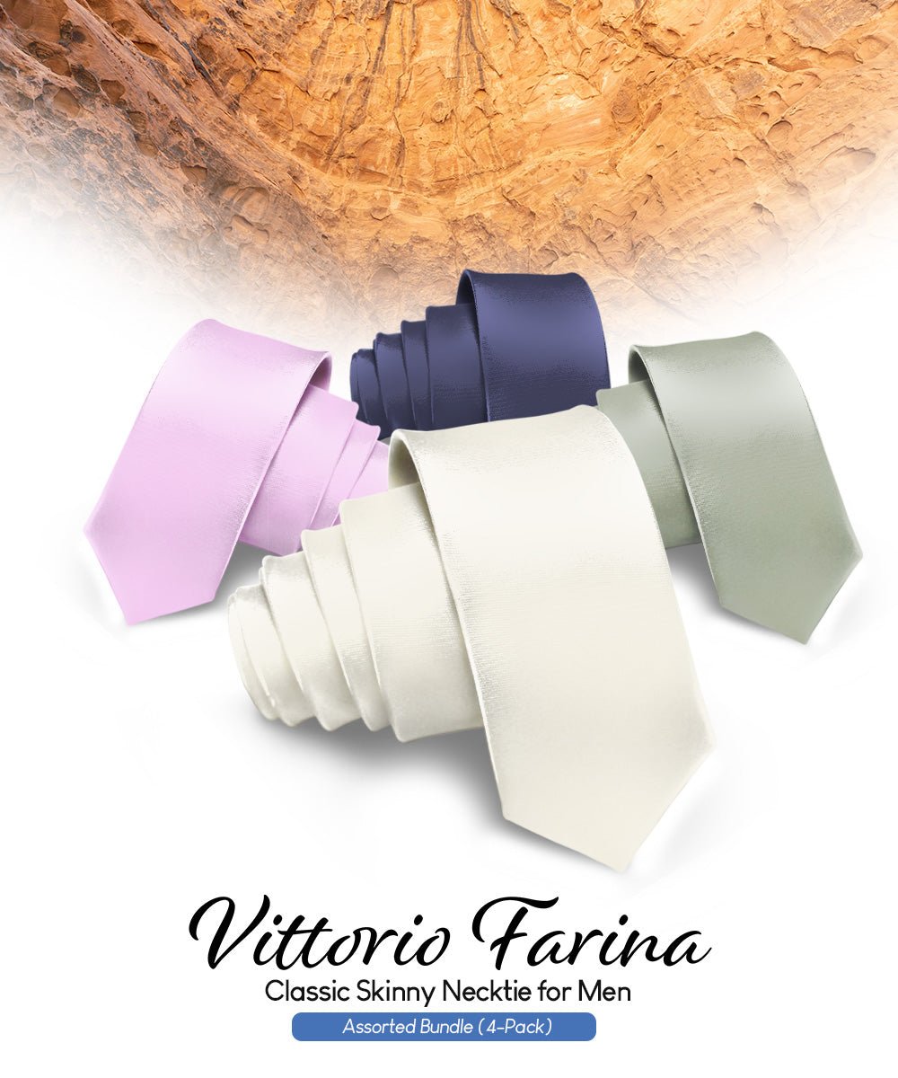 Vittorio Farina Men's Satin Skinny Necktie (Multipack) - Suits You Sir - Ivory/Lavender/Navy Blue/Sage Green - 