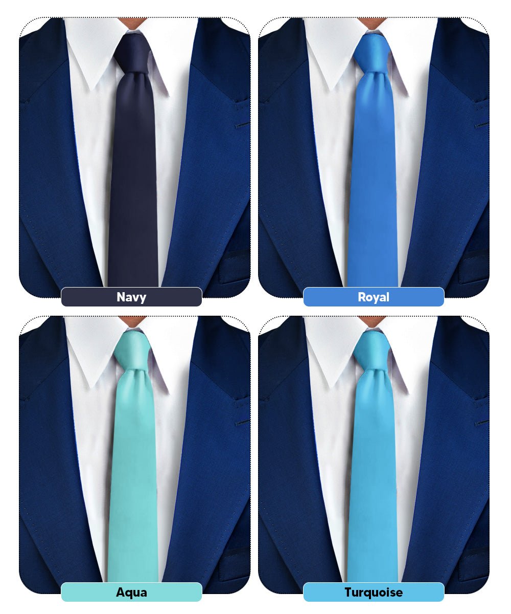 Vittorio Farina Men's Satin Skinny Necktie (Multipack) - Suits You Sir - Navy Blue/Royal Blue/Aqua/Turquoise - 