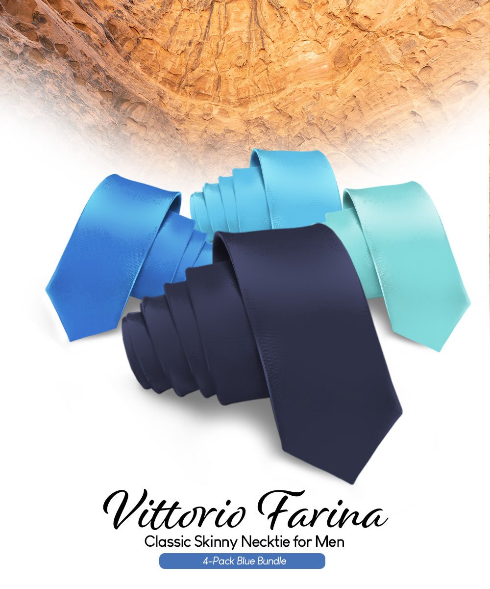 Vittorio Farina Men's Satin Skinny Necktie (Multipack) - Suits You Sir - Navy Blue/Royal Blue/Aqua/Turquoise - 