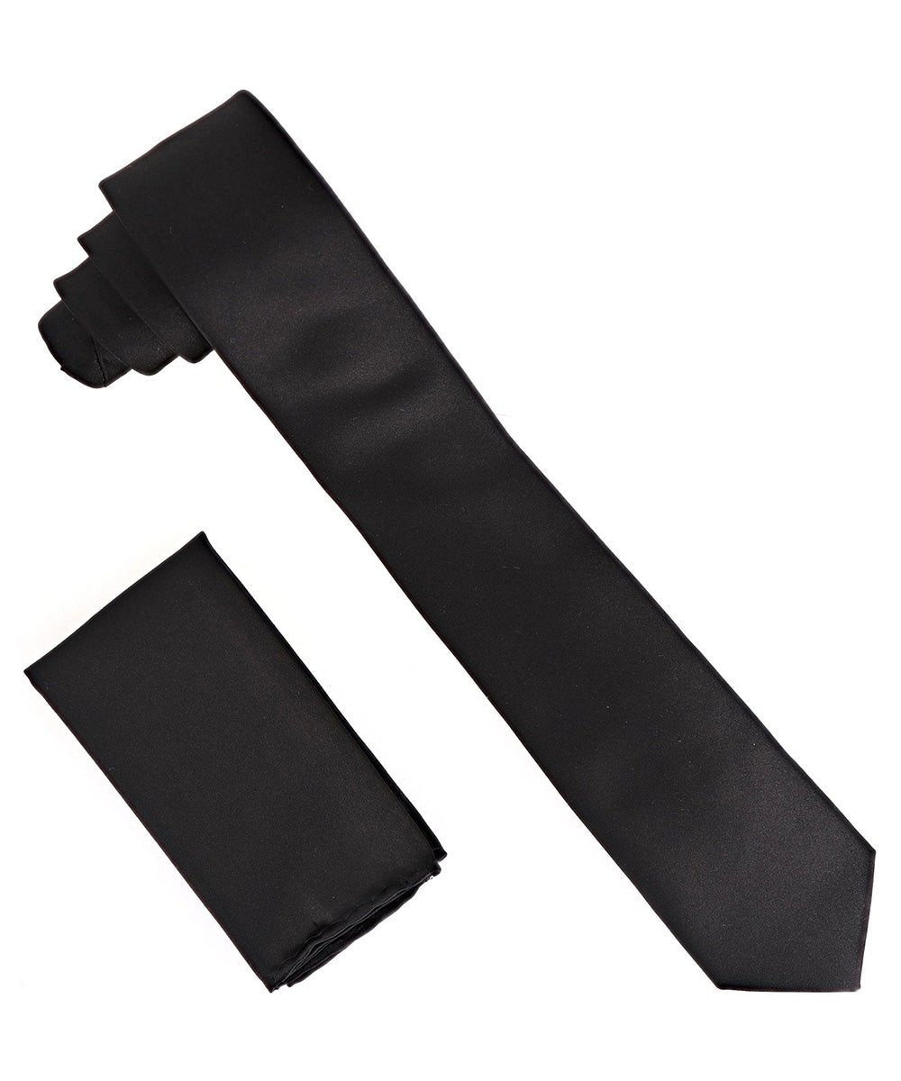 Vittorio Farina Men's Satin Skinny Necktie & Pocket Square - Suits You Sir - Black - 