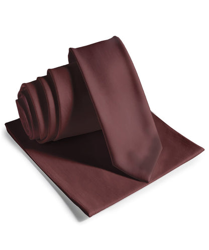 Vittorio Farina Men's Satin Skinny Necktie & Pocket Square - Suits You Sir - Brown - 