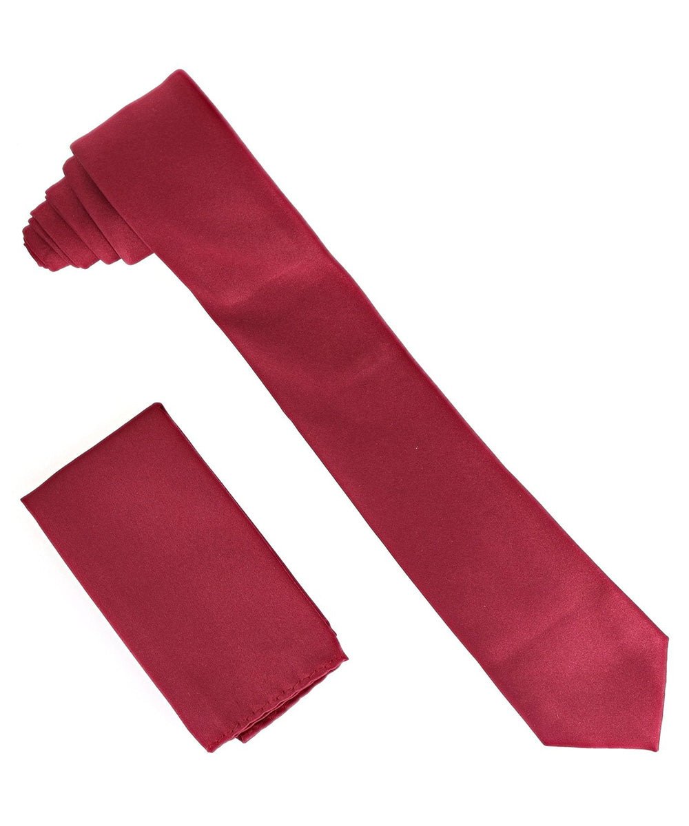 Vittorio Farina Men's Satin Skinny Necktie & Pocket Square - Suits You Sir - Burgundy - 