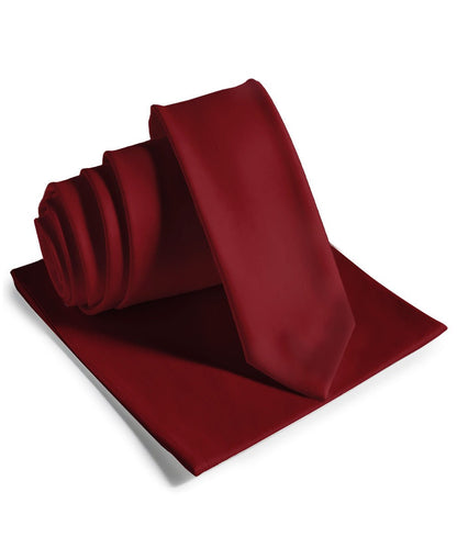 Vittorio Farina Men's Satin Skinny Necktie & Pocket Square - Suits You Sir - Burgundy - 