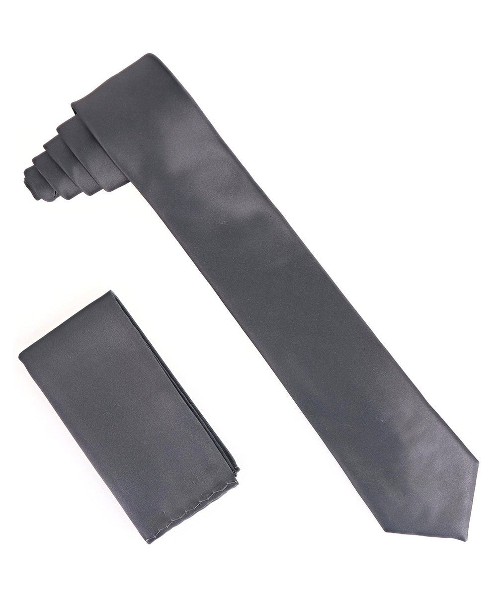 Vittorio Farina Men's Satin Skinny Necktie & Pocket Square - Suits You Sir - Charcoal - 