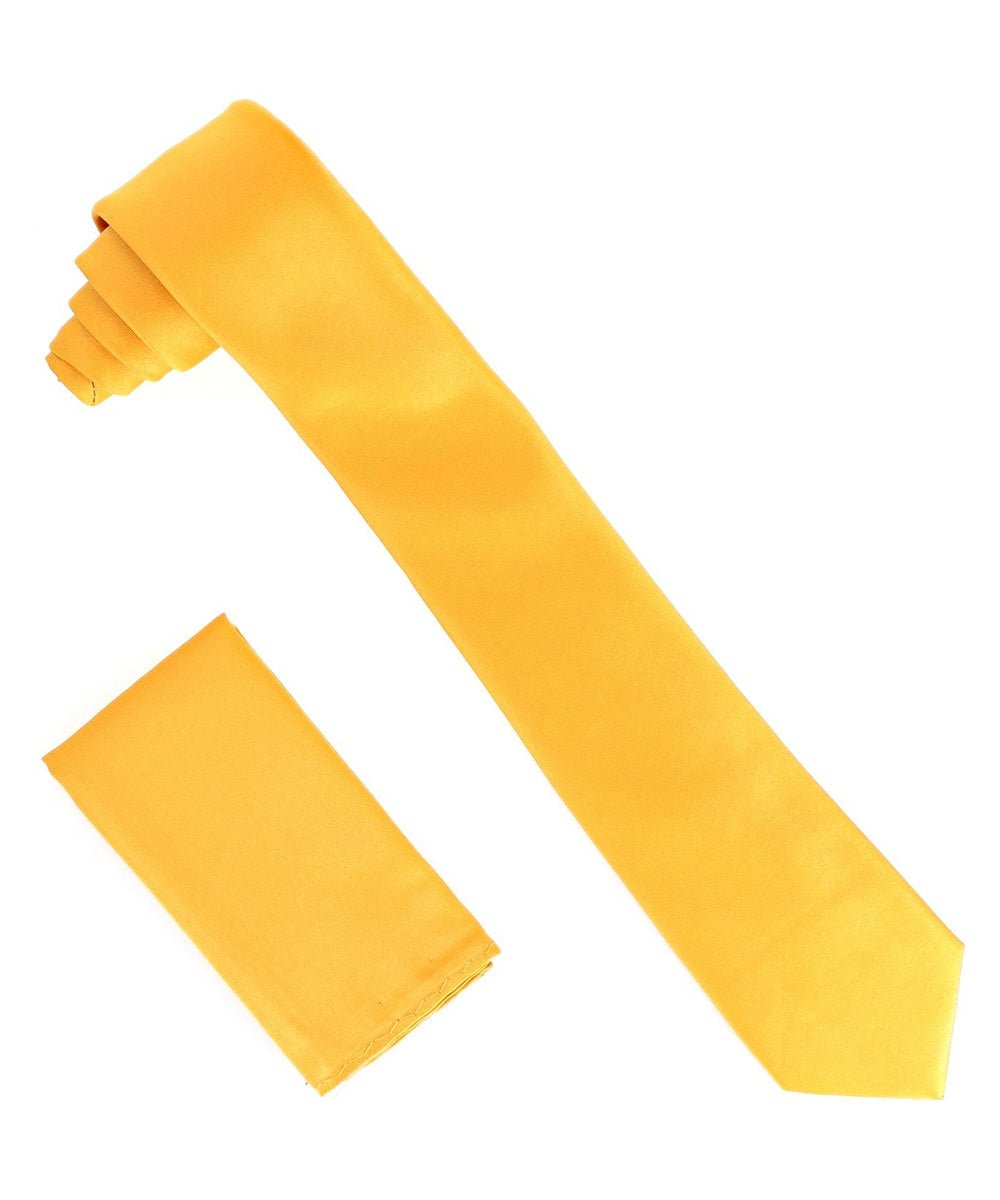 Vittorio Farina Men's Satin Skinny Necktie & Pocket Square - Suits You Sir - Gold - 