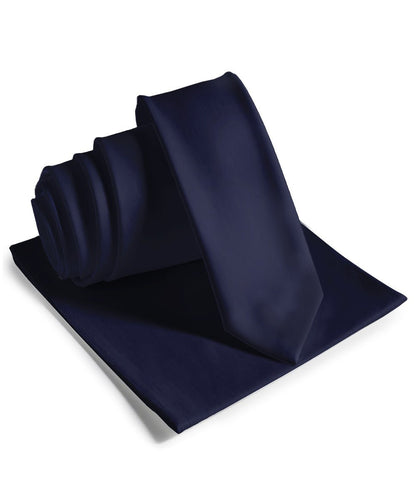 Vittorio Farina Men's Satin Skinny Necktie & Pocket Square - Suits You Sir - Navy Blue - 