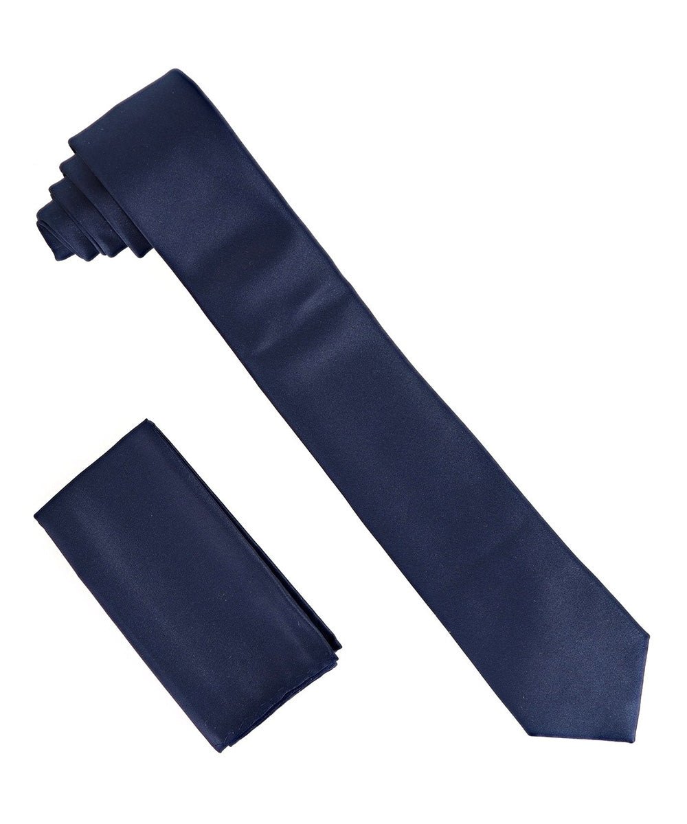 Vittorio Farina Men's Satin Skinny Necktie & Pocket Square - Suits You Sir - Navy Blue - 