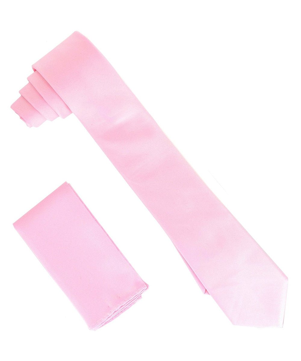 Vittorio Farina Men's Satin Skinny Necktie & Pocket Square - Suits You Sir - Pink - 