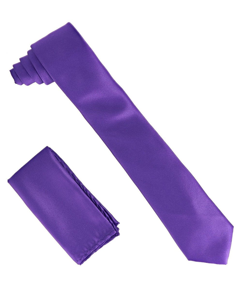Vittorio Farina Men's Satin Skinny Necktie & Pocket Square - Suits You Sir - Purple - 