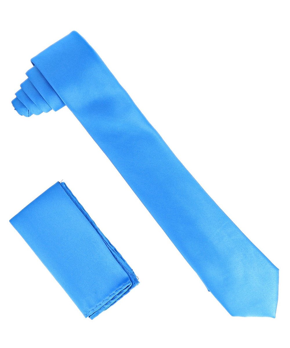 Vittorio Farina Men's Satin Skinny Necktie & Pocket Square - Suits You Sir - Royal Blue - 