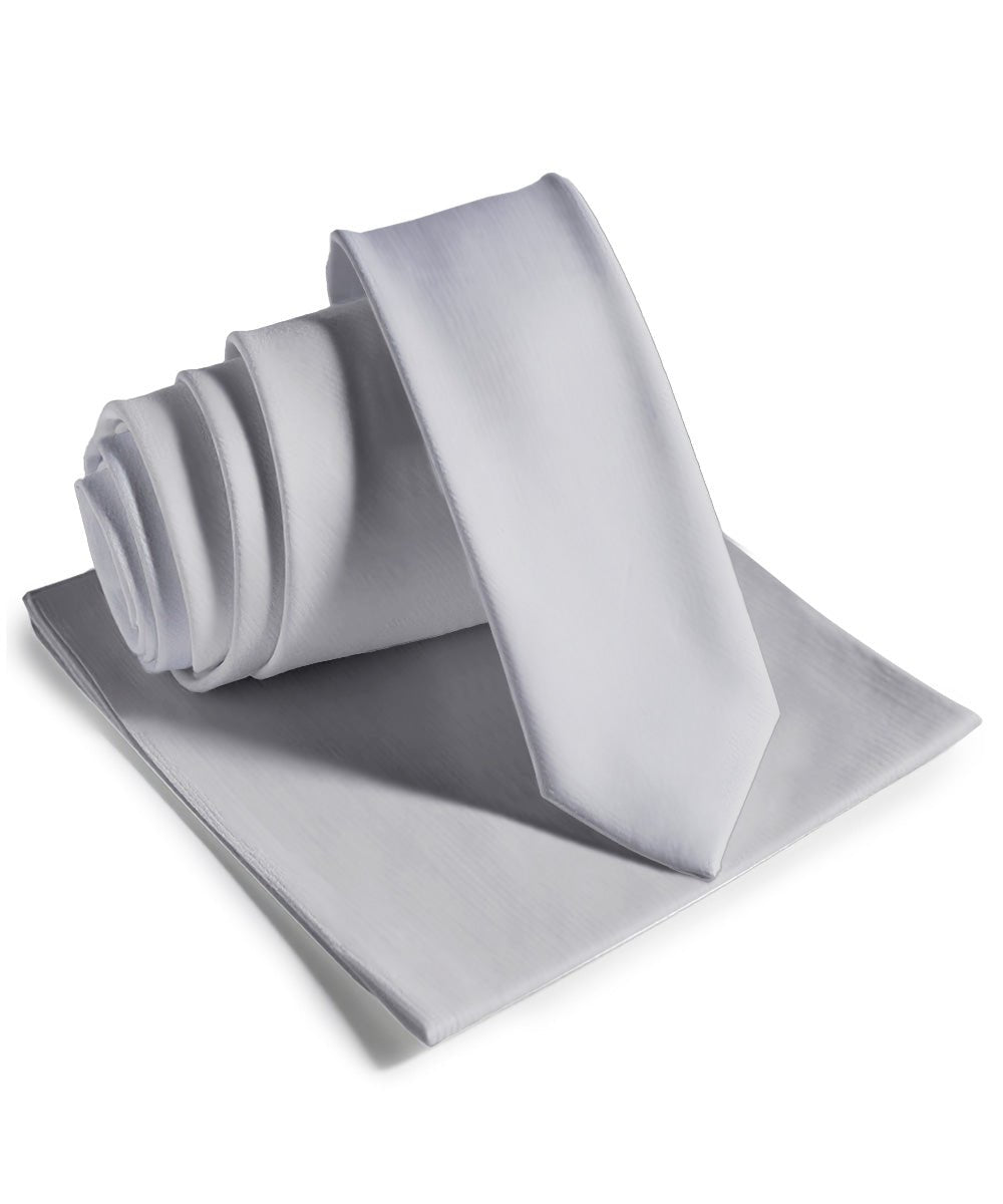 Vittorio Farina Men's Satin Skinny Necktie & Pocket Square - Suits You Sir - Silver - 