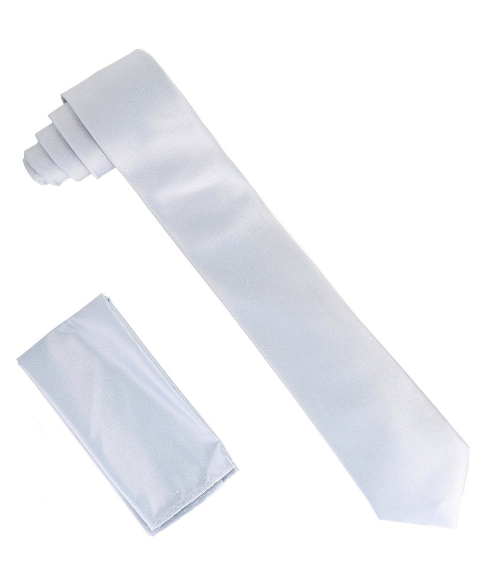 Vittorio Farina Men's Satin Skinny Necktie & Pocket Square - Suits You Sir - Silver - 