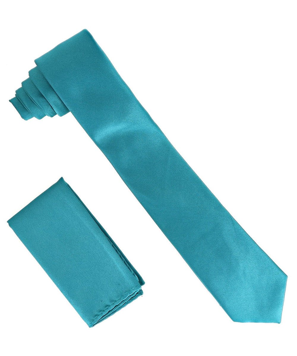 Vittorio Farina Men's Satin Skinny Necktie & Pocket Square - Suits You Sir - Teal Blue - 