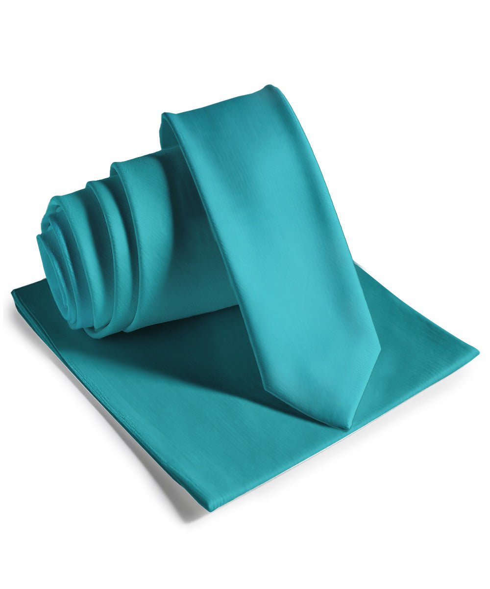 Vittorio Farina Men's Satin Skinny Necktie & Pocket Square - Suits You Sir - Teal Blue - 