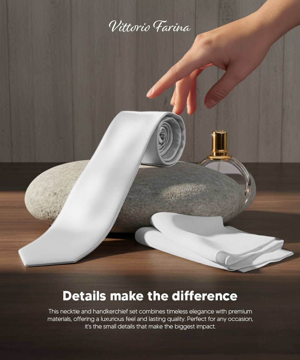 Vittorio Farina Men's Satin Skinny Necktie & Pocket Square - Suits You Sir - White - 