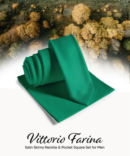 Vittorio Farina Men's Satin Skinny Necktie & Pocket Square - Suits You Sir - White - 
