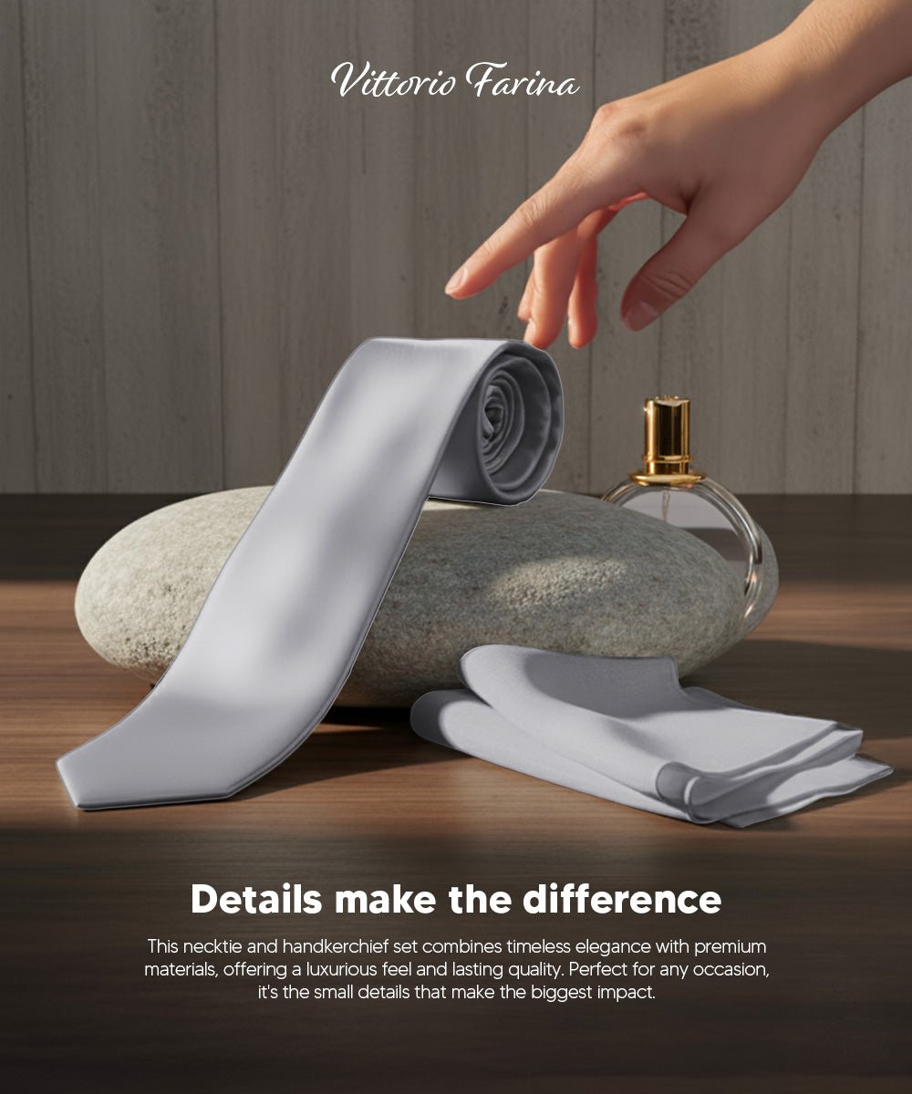 Vittorio Farina Men's Satin Skinny Necktie & Pocket Square - Suits You Sir - White - 