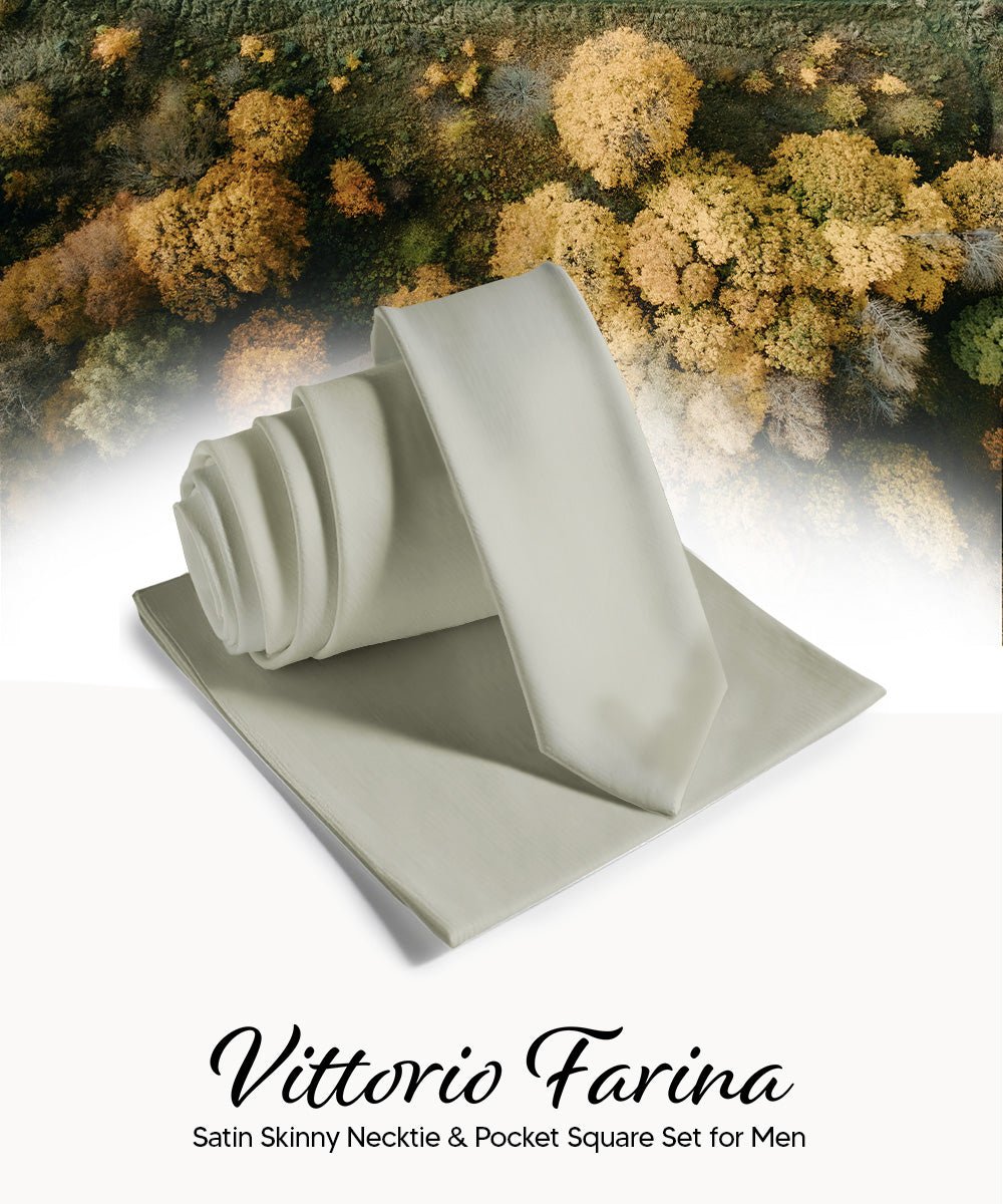 Vittorio Farina Men's Satin Skinny Necktie & Pocket Square - Suits You Sir - White - 