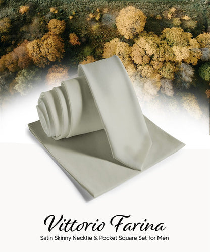 Vittorio Farina Men's Satin Skinny Necktie & Pocket Square - Suits You Sir - White - 