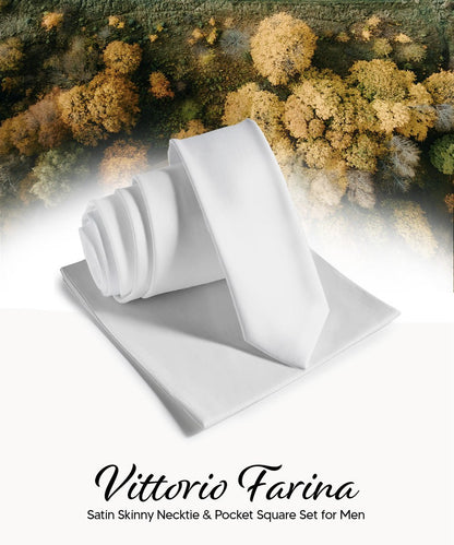 Vittorio Farina Men's Satin Skinny Necktie & Pocket Square - Suits You Sir - White - 
