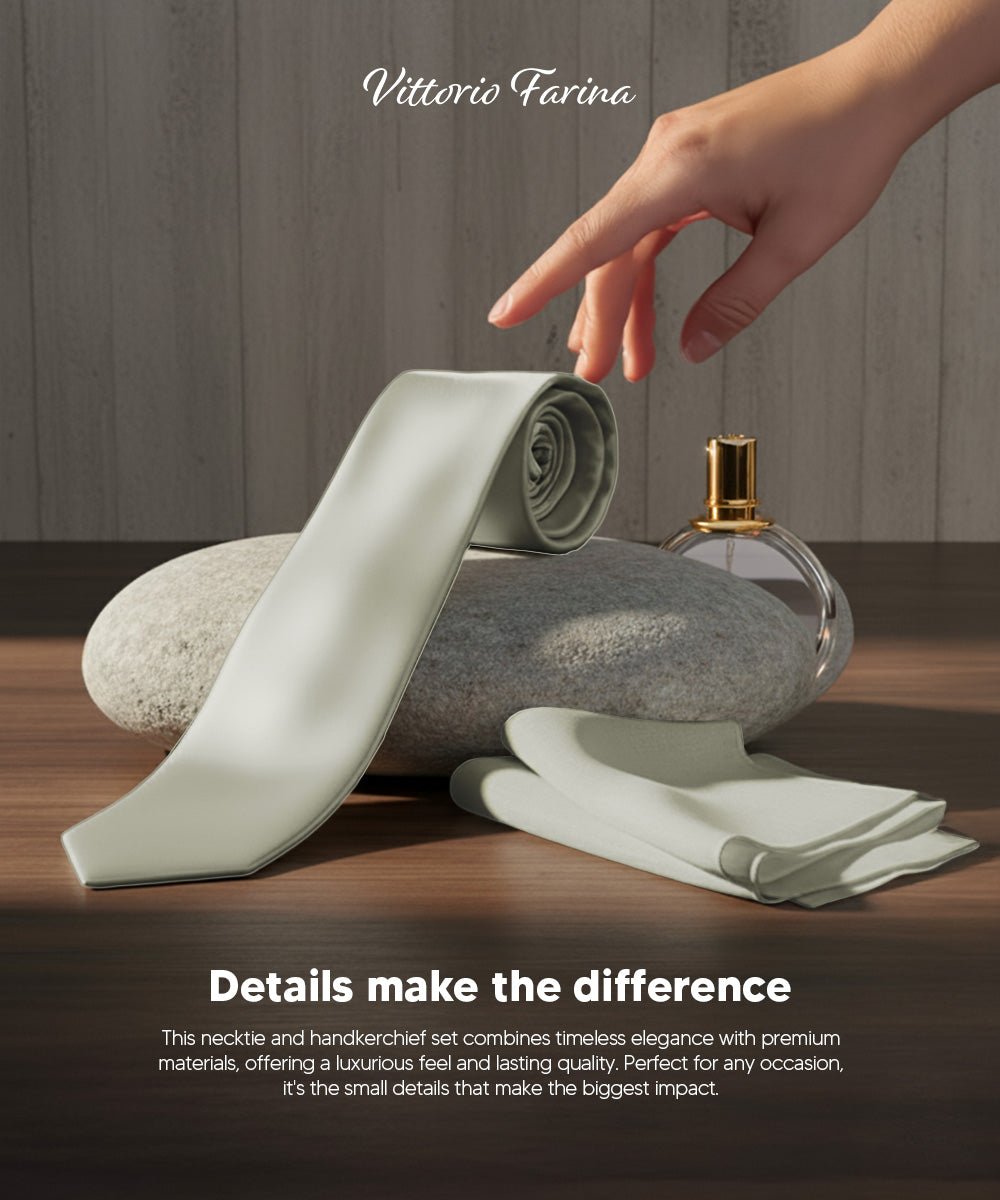 Vittorio Farina Men's Satin Skinny Necktie & Pocket Square - Suits You Sir - White - 