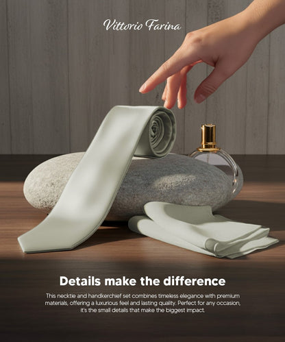 Vittorio Farina Men's Satin Skinny Necktie & Pocket Square - Suits You Sir - White - 