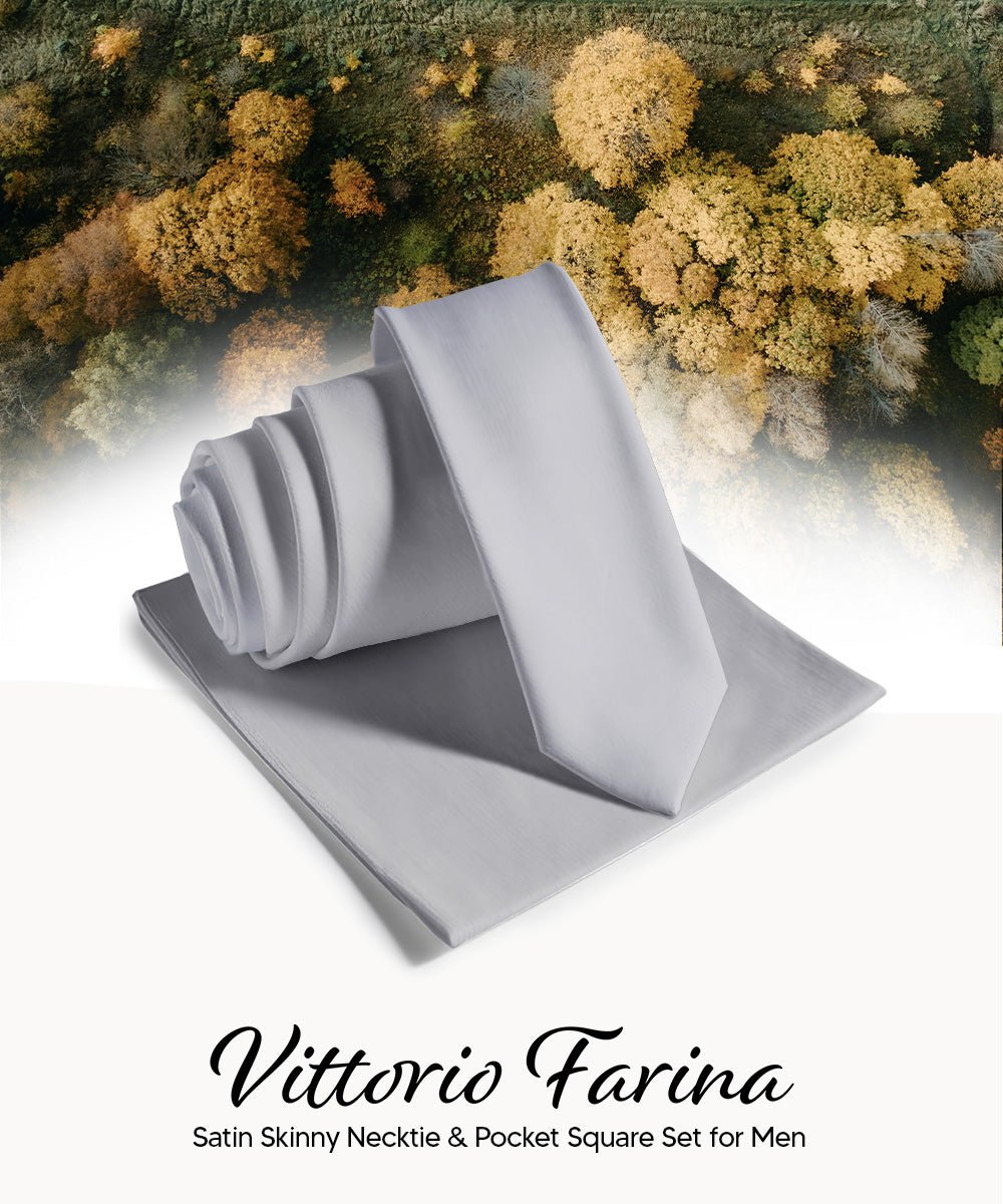 Vittorio Farina Men's Satin Skinny Necktie & Pocket Square - Suits You Sir - White - 