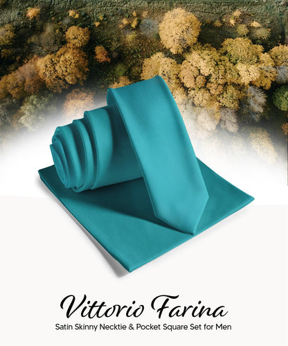 Vittorio Farina Men's Satin Skinny Necktie & Pocket Square - Suits You Sir - White - 