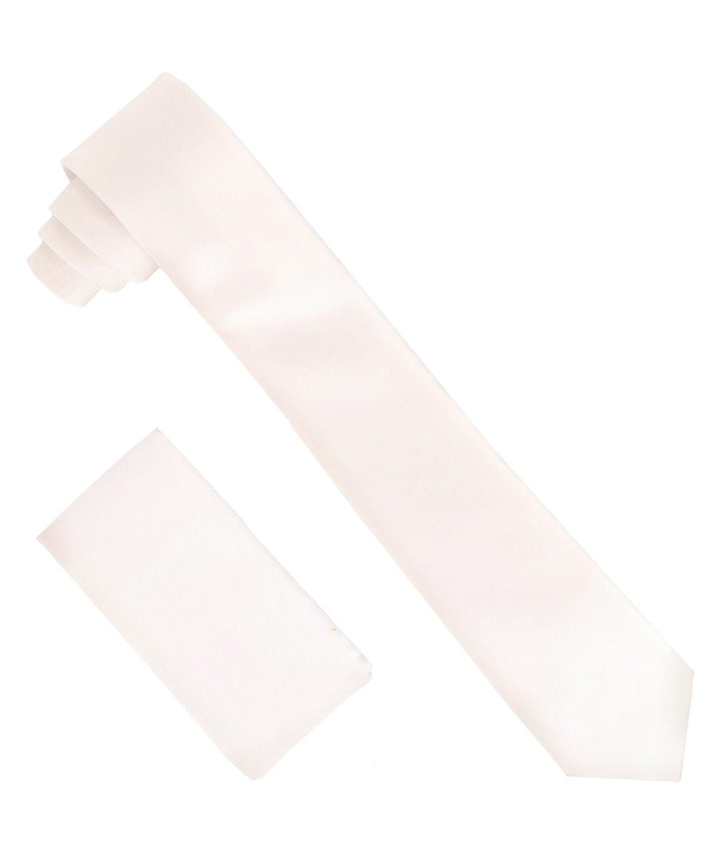 Vittorio Farina Men's Satin Skinny Necktie & Pocket Square - Suits You Sir - White - 