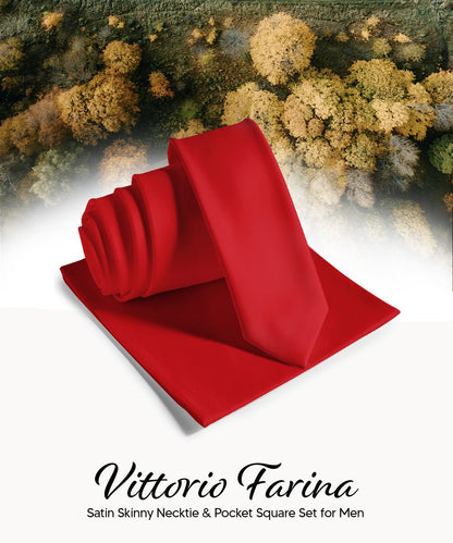 Vittorio Farina Men's Satin Skinny Necktie & Pocket Square - Suits You Sir - White - 