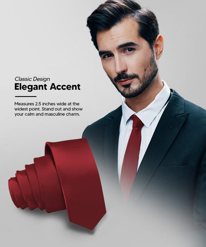 Vittorio Farina Men's Satin Skinny Necktie - Suits You Sir - Burgundy - 