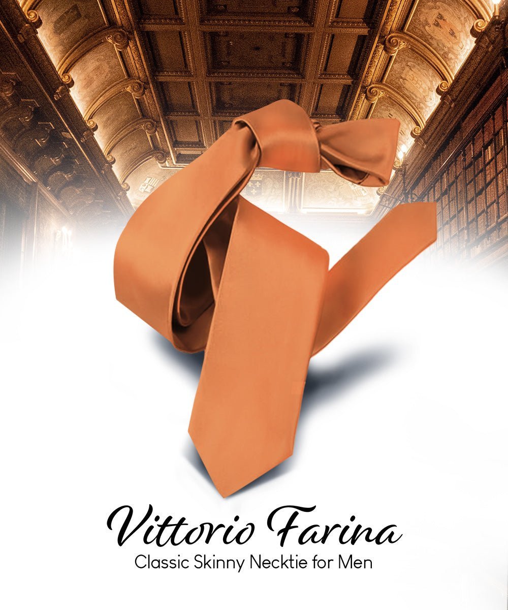 Vittorio Farina Men's Satin Skinny Necktie - Suits You Sir - Burnt Orange - 