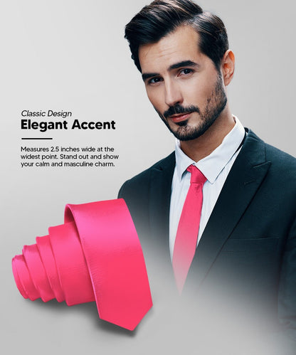 Vittorio Farina Men's Satin Skinny Necktie - Suits You Sir - Hot Pink - 