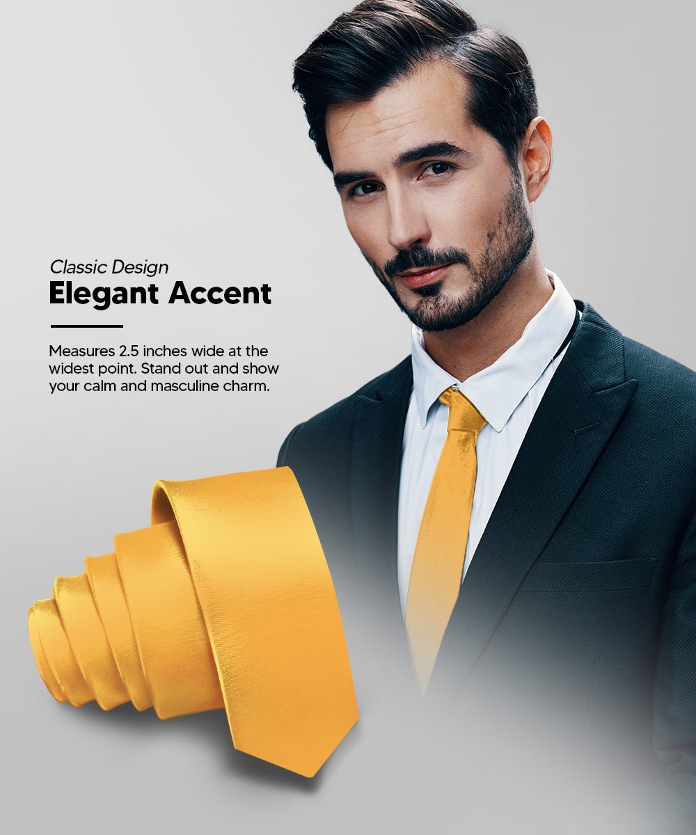 Vittorio Farina Men's Satin Skinny Necktie - Suits You Sir - Mustard Yellow - 