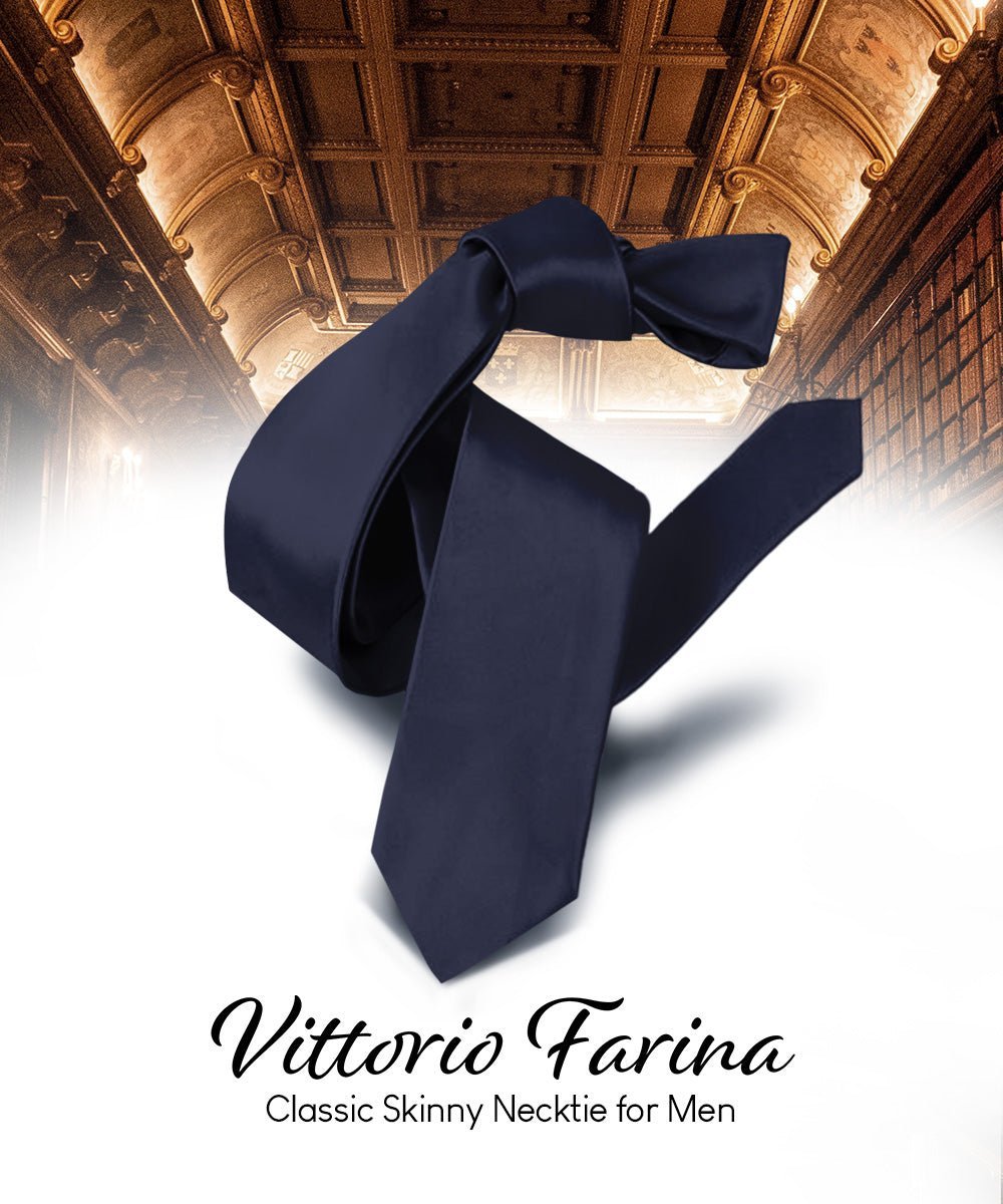 Vittorio Farina Men's Satin Skinny Necktie - Suits You Sir - Navy Blue - 