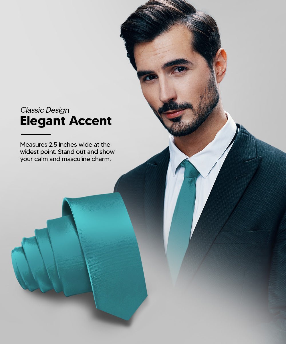 Vittorio Farina Men's Satin Skinny Necktie - Suits You Sir - Teal Blue - 