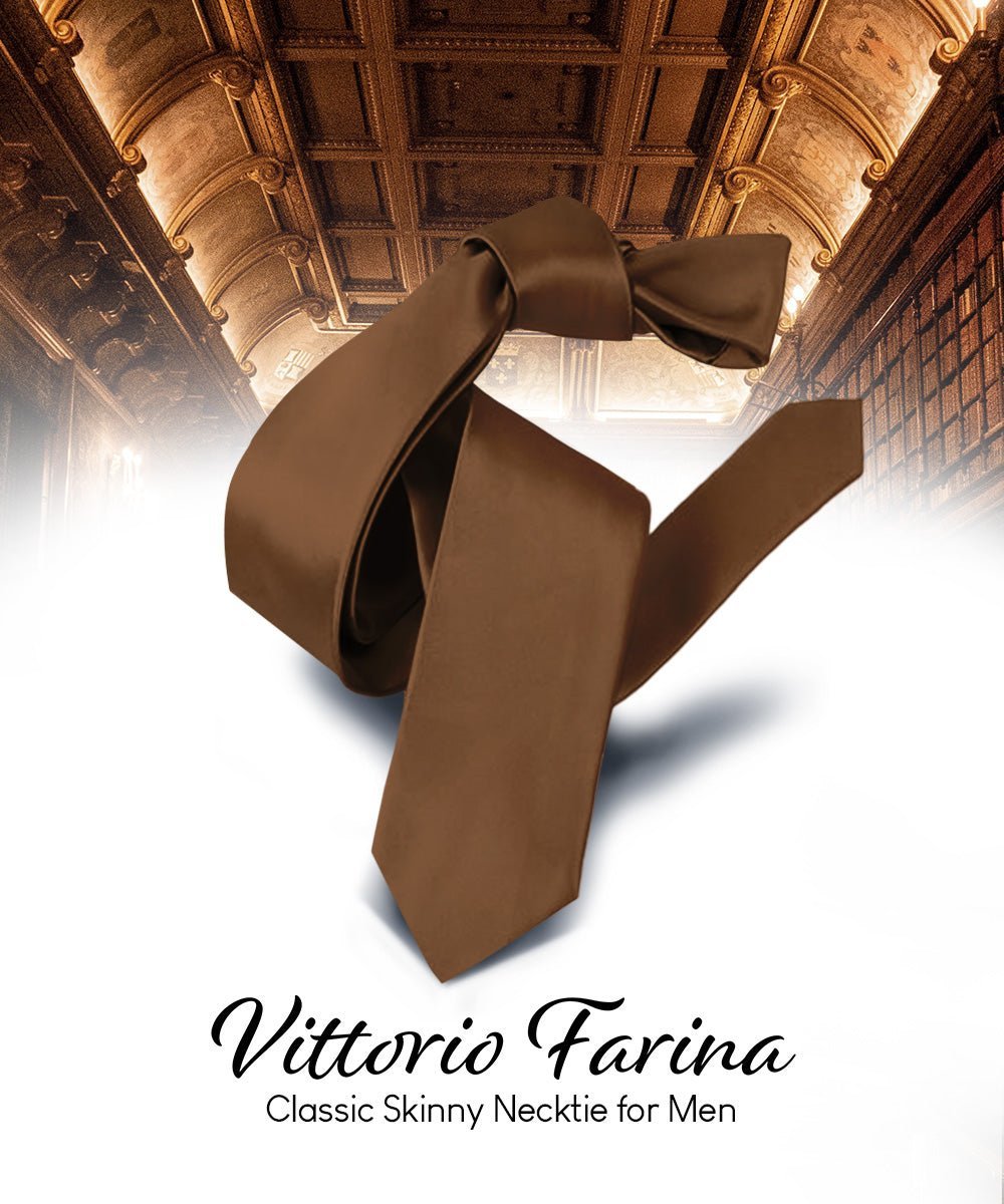 Vittorio Farina Men's Satin Skinny Necktie - Suits You Sir - Whiskey Brown - 