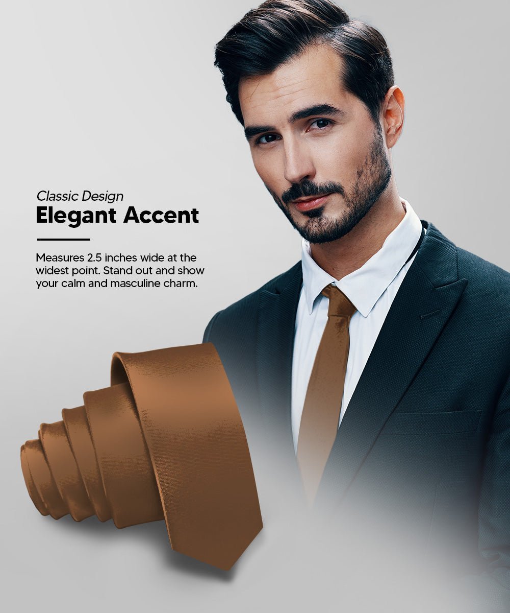 Vittorio Farina Men's Satin Skinny Necktie - Suits You Sir - Whiskey Brown - 