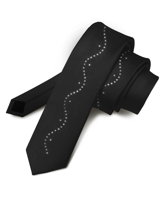 Vittorio Farina Men's Satin Skinny Necktie with Rhinestones - Suits You Sir - Black - 
