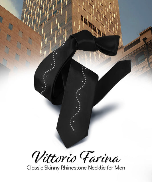 Vittorio Farina Men's Satin Skinny Necktie with Rhinestones - Suits You Sir - Black - 