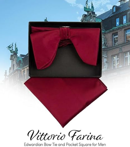 Vittorio Farina Men's Satin Teardrop Bow Tie & Pocket Square in Gift Box - Suits You Sir - Burgundy - 
