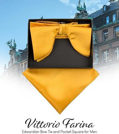 Vittorio Farina Men's Satin Teardrop Bow Tie & Pocket Square in Gift Box - Suits You Sir - Gold - 
