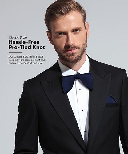 Vittorio Farina Men's Satin Teardrop Bow Tie & Pocket Square in Gift Box - Suits You Sir - Navy Blue - 