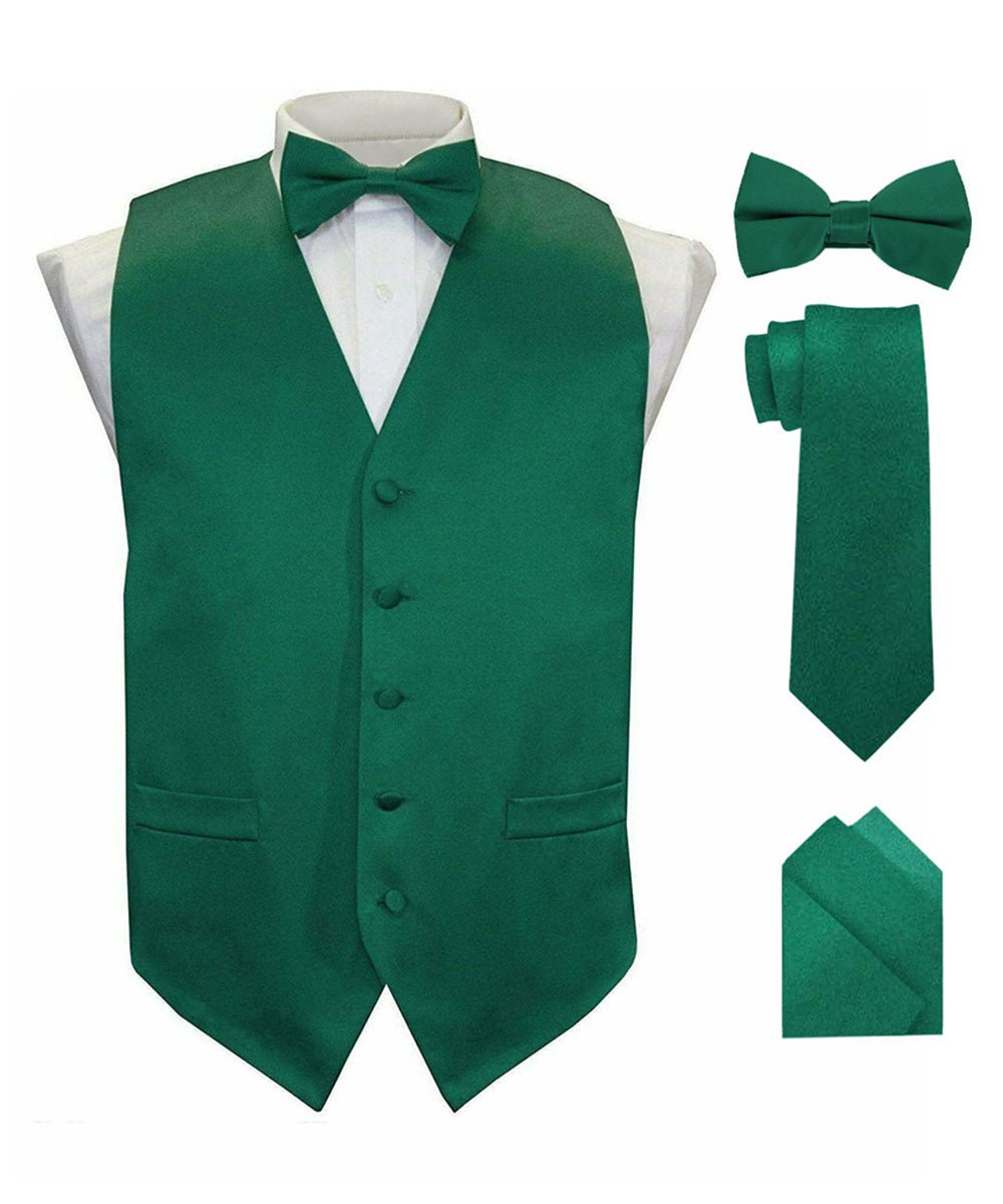 Vittorio Farina Men's Satin Vest, Necktie, Bow Tie and Pocket Square Set (Black Back) - Suits You Sir - Hunter Green - XS