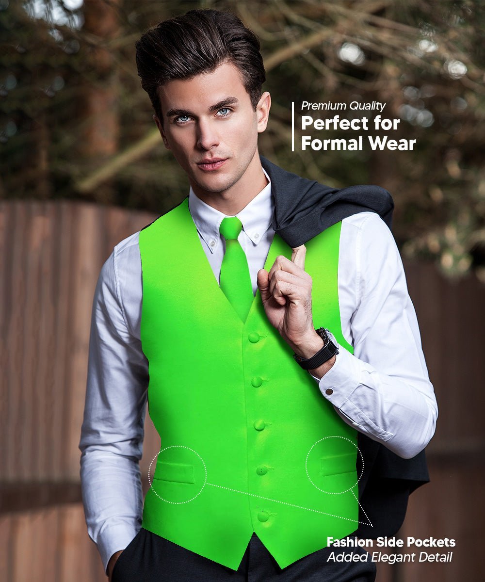 Vittorio Farina Men's Satin Vest, Necktie, Bow Tie and Pocket Square Set (Black Back) - Suits You Sir - Lime Green - XS