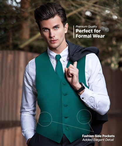 Vittorio Farina Men's Satin Vest, Necktie, Bow Tie and Pocket Square Set (Black Back) - Suits You Sir - Teal Green - XS